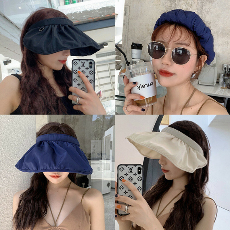 قبعة شمس محمولة واسعة قابلة للطي للنساء ، قبعات الشاطئ ، أغطية أقنعة علوية فارغة ، إكسسوارات شعر ، عصابة رأس مزدوجة الاستخدام
