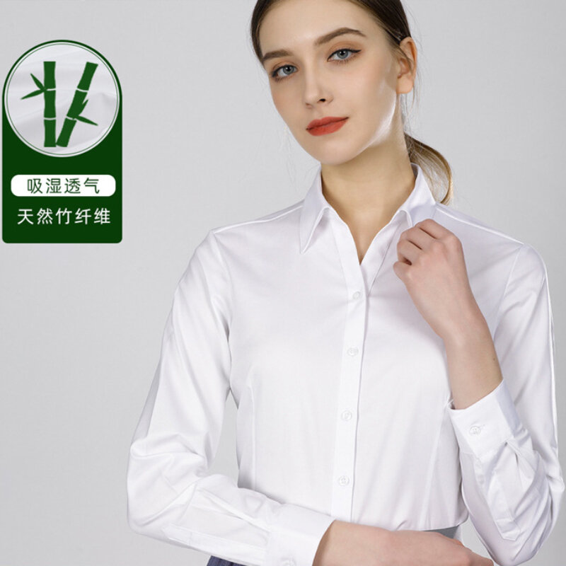 جديد الخيزران الألياف المرأة طويلة الأكمام الأعمال ملابس رسمية غير الكي المضادة للتجاعيد تمتد ضئيلة المهنية السيدات الأبيض قميص