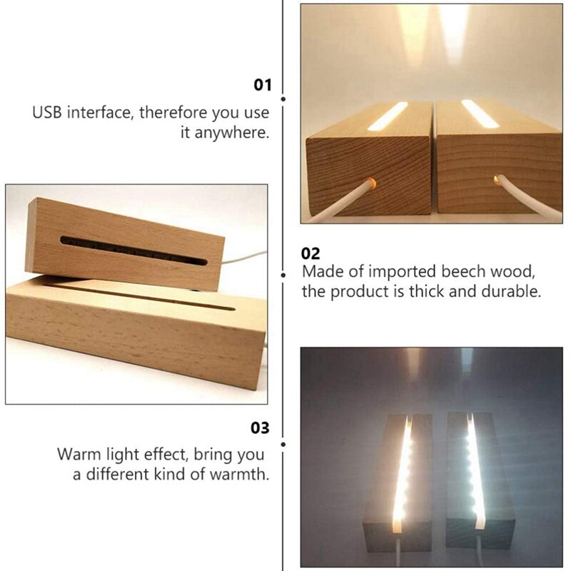 خشبية مستطيل ضوء قاعدة ، شاشة LED ، قاعدة مصباح الركيزة لالكريستال الاكريليك ، ضوء الليل ، الراتنج الفن ، 5X
