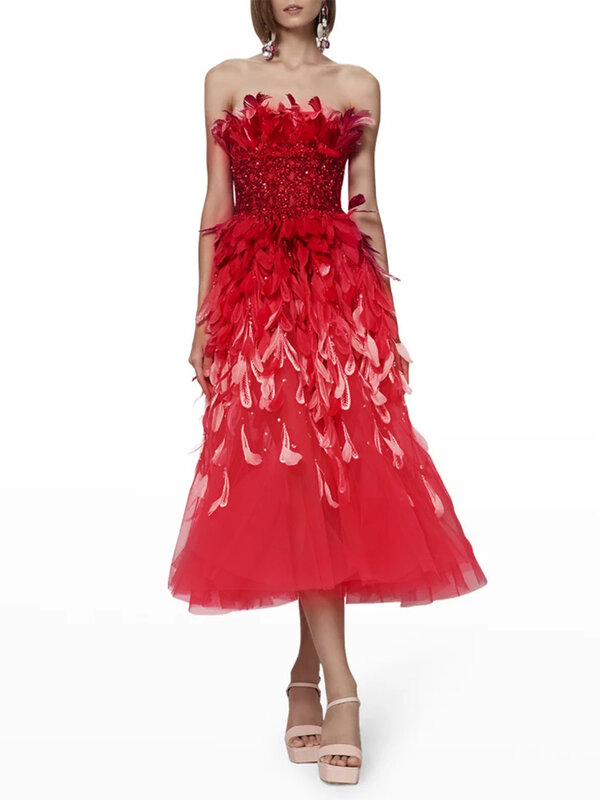 VC امرأة أنيقة وأنيقة ريشة تصميم شبكة بلا أكمام ميدي فستان أحمر موضة المدرج حفلة ملابس جميلة 2023 جديد