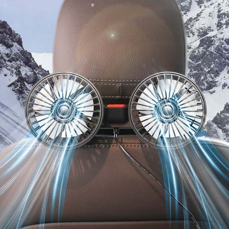 مروحة تبريد لمقعد السيارة درجة دوران 360 درجة مع رأسين ، وشحن USB ، وتهوية مسند الرأس التلقائي