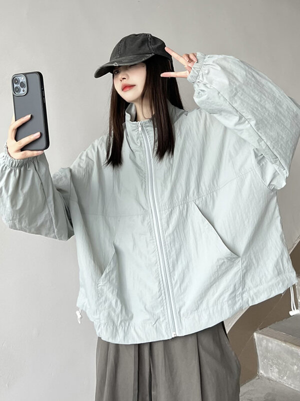 Casual Thin Stand Collar Women Jacket 2022 New Safari Style Loose Long Sleeve Breathable Oversized Jackets