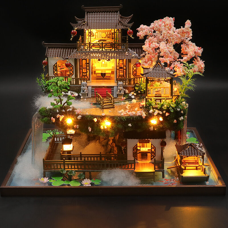 لتقوم بها بنفسك عدة بيت الدمية الخشبية مصغرة مع الأثاث الصينية فيلا لوفت كازا فيلا دمية اللعب لفتاة ناضجة هدية عيد ميلاد
