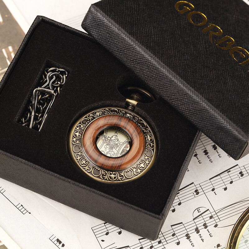 جديد Vintage دائرة الخشب البرونزية سبيكة Steampunk الهيكل العظمي اليد لف الميكانيكية ساعة الجيب الأرقام الرومانية سلسلة قلادة ساعة