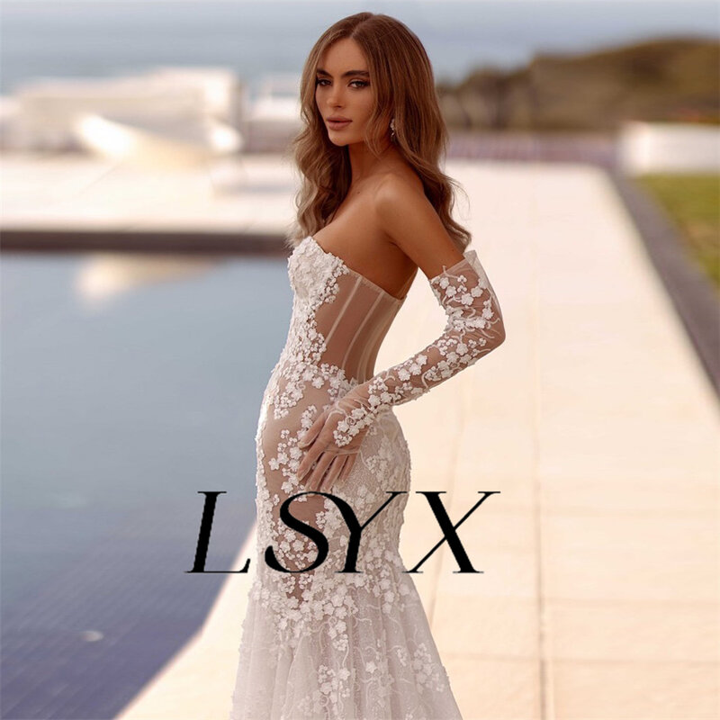 LSYX-حمالة الوهم الزهور تول حورية البحر فستان الزفاف ، يزين ، طول الأرض ، مخصص ، أنيقة ، مفتوحة الظهر ، ثوب الزفاف