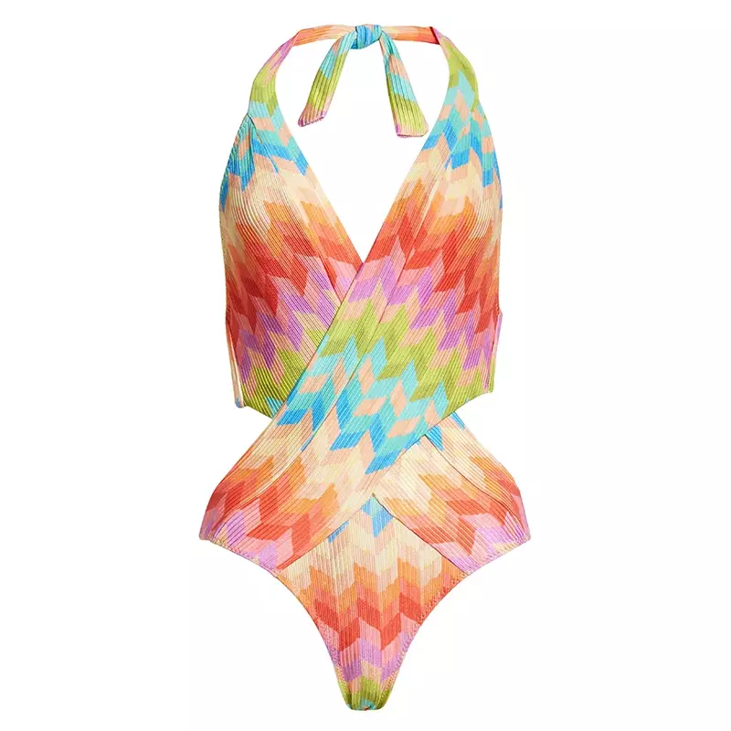 ملابس سباحة نسائية ملونة مطبوعة بحمالة رقبة وتغطية للشاطئ ، ملابس سباحة فاخرة ، ملابس سباحة أنيقة ، 1 أو هندسية