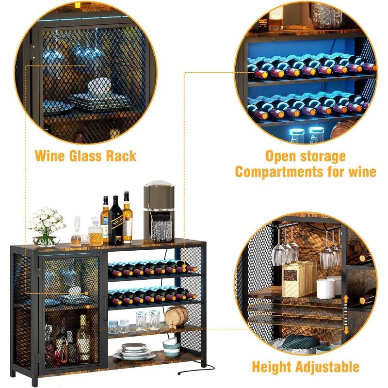خزانة بار WASAGUN للخمور والنظارات والنبيذ مع أضواء LED ومنافذ الطاقة وطاولة البار وطاولة الكوكتيل