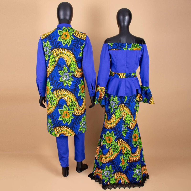 الأفريقية زوجين ملابس النساء طباعة الخامس الرقبة بلوزات و الدانتيل التنانير مباراة الرجال وتتسابق Dashiki سترة طويلة قميص و السراويل مجموعات Y22C041