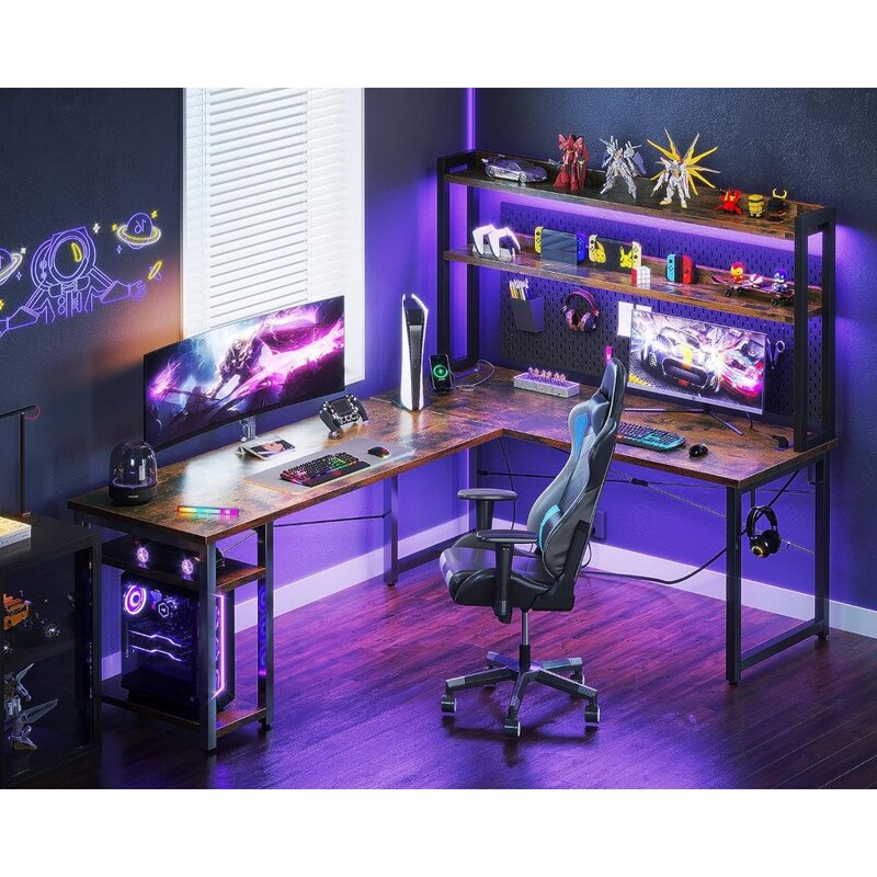 مكتب ألعاب على شكل حرف L مع تخزين ، مكتب كمبيوتر مع قفص ، منافذ طاقة ، شريط LED ، حامل شاشة ، 66 بوصة ، قابل للعكس