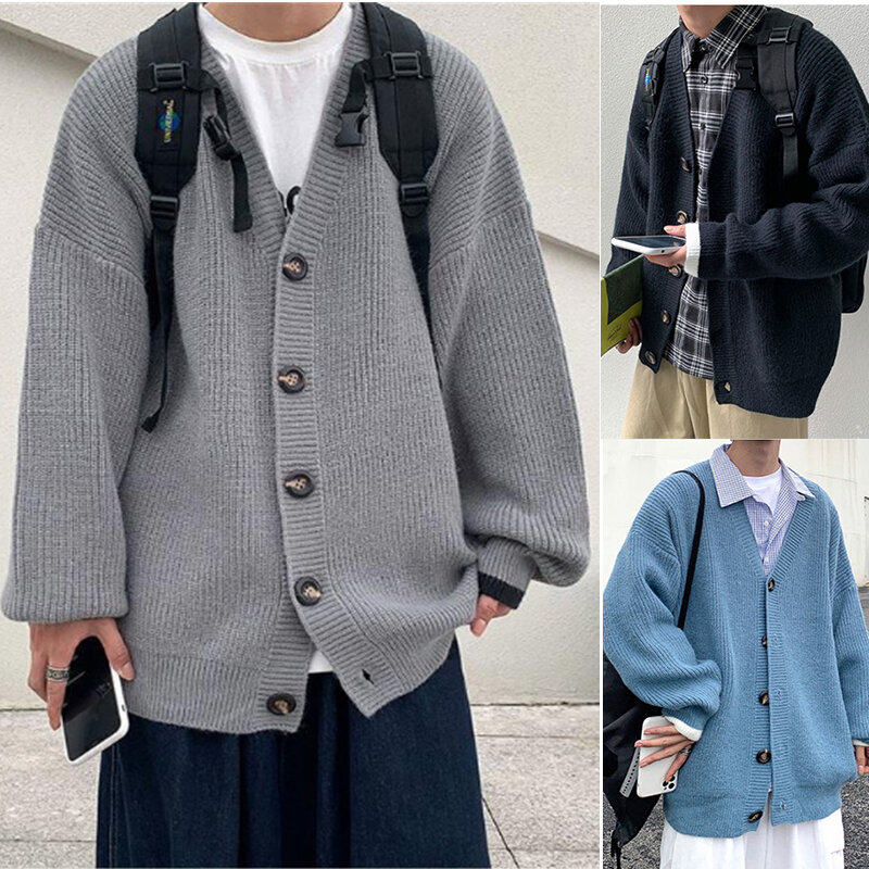 الرجال محبوك Sweatercoat عادية واحدة الصدر الخامس الرقبة بلوزات فضفاضة سترة بالأزرار موضة متماسكة سترة ربيع الخريف تريكو