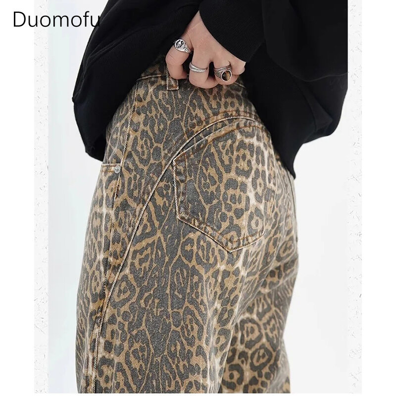 Duomofu-خمر ليوبارد طباعة الجينز للنساء ، عارضة الهيب البوب ، بنطلون واسع الساق ، المتضخم الجينز السراويل ، عالية مخصر ، الإناث بنطلون ، Y2K