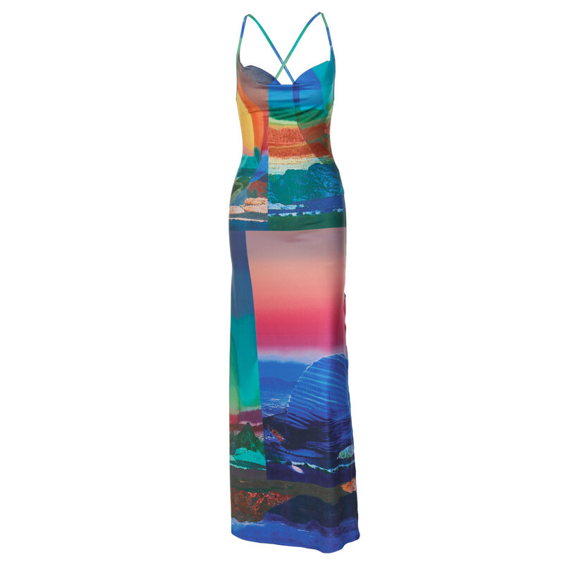 فستان طويل بدون ظهر مطبوع عليه مناظر طبيعية ملونة للنساء ، فستان ضيق مثير أنيق ، زي لحفلات الإجازات على الشاطئ ، صيف ، Y2K ، 2023 #6