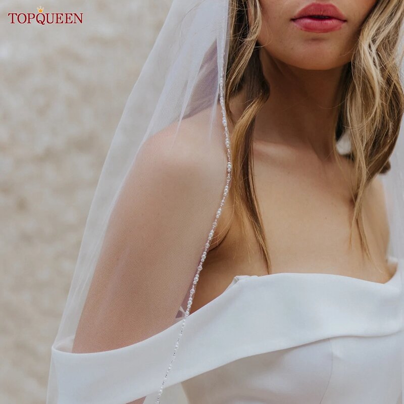TOPQUEEN-حجاب زفاف طويلة بحافة كريستالية ، حجاب زفاف مطرز ، حجاب ناعم للغاية ، العروس لتكون قصيرة ، V107 ، 1 طبقة