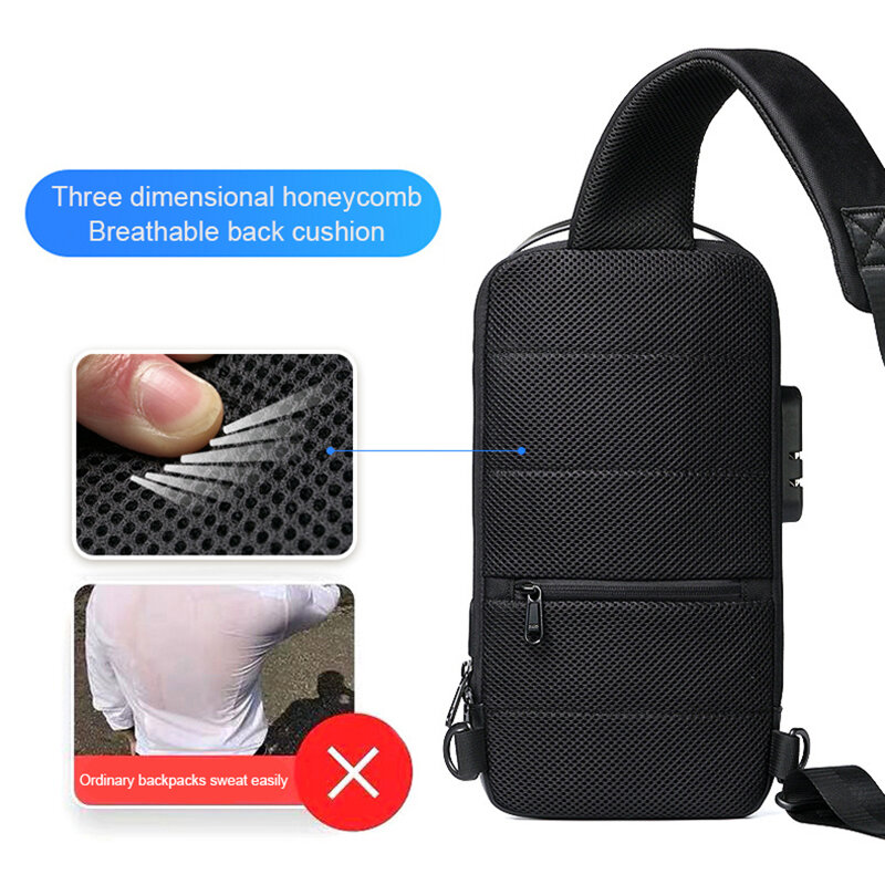 حقيبة كروس مضادة للسرقة للرجال مع قفل كلمة المرور ونظام شحن USB مقاوم للماء أكسفورد القماش الرياضة حقيبة الصدر واحد الكتف
