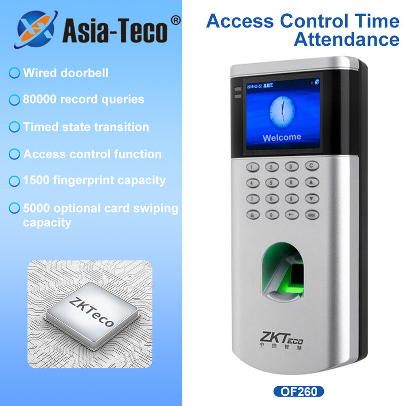 ZKTeco-آلة التحكم في الوصول إلى بصمات الأصابع ، كهربائية ، التحكم في الوصول ، التحريك ، نظام البطاقة الذكية ، TCP ، IP ، Digicode ، مسجل ساعة الوقت ، OF260