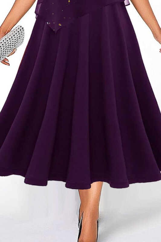 Flycurvy-فستان بطباعة بريق شيفون أرجواني غير متماثل ، فستان بطول الشاي غير متماثل ، مقاس كبير