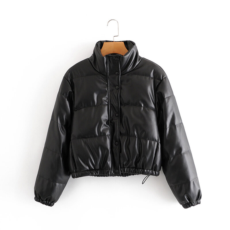 2023 New Winter PU Leather Short Parkas Women Fashion Black Thick Warm Casual Zipper Short Cotton Jacket Outwear q661