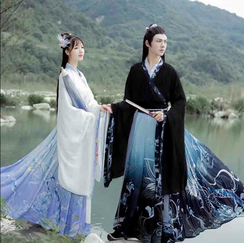 حجم كبير 2XL Hanfu الأزواج الصينية التقليدية التطريز الملابس الكبار هالوين كوس زي أسود أزرق Hanfu للرجال/النساء