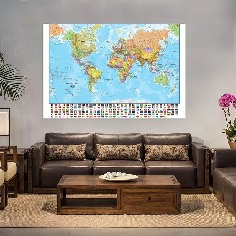 خريطة العالم مع علم الدولة ، لوحة غير منسوجة ، ملصق فني جداري ، ديكور مكتبي ، لوازم مدرسية والسفر ، 150x100cm