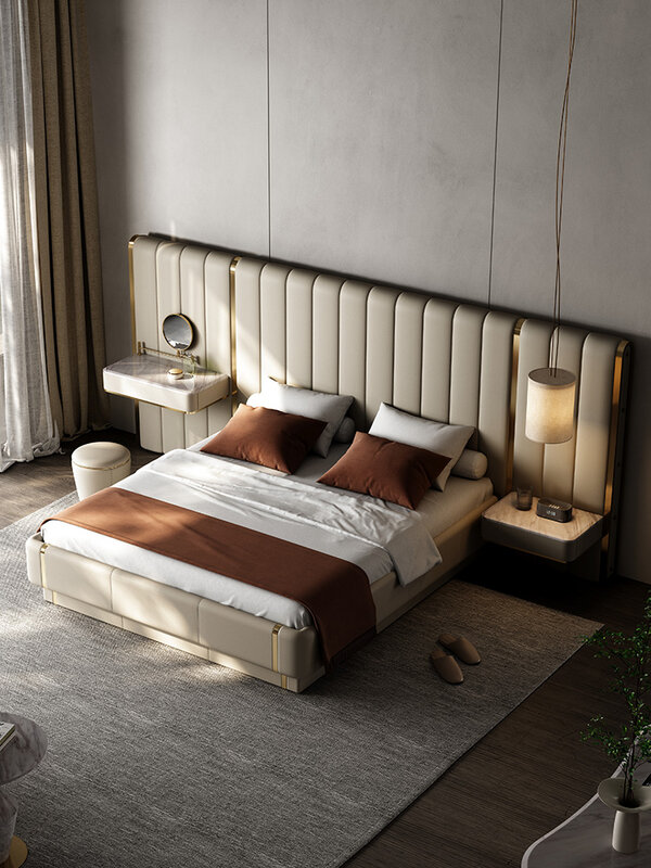 النمط الإيطالي الحد الأدنى الجلود إضاءة السرير الفاخرة الحديثة فيلا الراقية أصيلة الأثاث ماستر غرفة نوم جلد كامل سرير حجم كينج