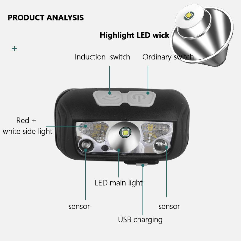 كشافات LED صغيرة مع جهاز استشعار الحركة الجسم USB قابلة للشحن المصباح الأبيض + الأحمر وضع التخييم مصباح يدوي رئيس ضوء مصباح