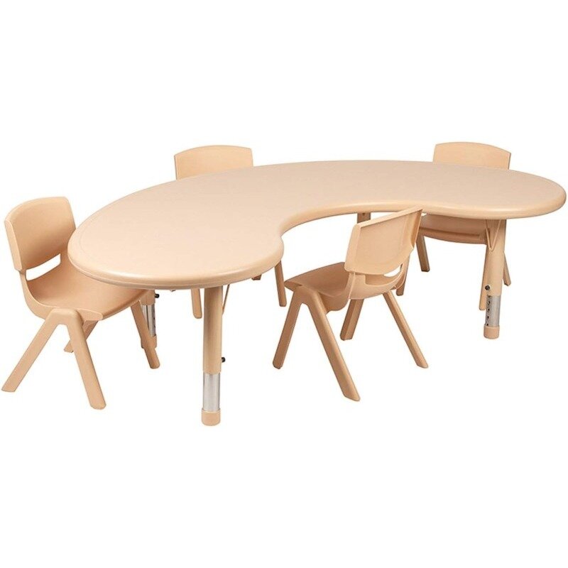 مجموعة طاولة نشاط نصف قمر بارتفاع بلاستيكي قابل للتعديل ، مجموعة مكتب وكرسي للأطفال ، 4 كراسي ، 35 بوصة × 65 بوصة لتر ، طبيعي