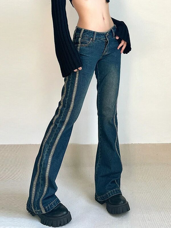 سراويل جينز من Weekeep بتصميم كلاسيكي متوهج بخياطة مخططة سراويل جينز ضيقة منخفضة الارتفاع للسيدات غير رسمية 90s ملابس الشارع الكورية y2k Grunge