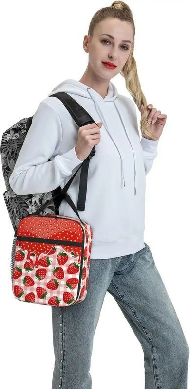 حقيبة غداء منقوشة قابلة لإعادة الاستخدام ، فراولة وردية ، 8 × 4 × 10 بوصة