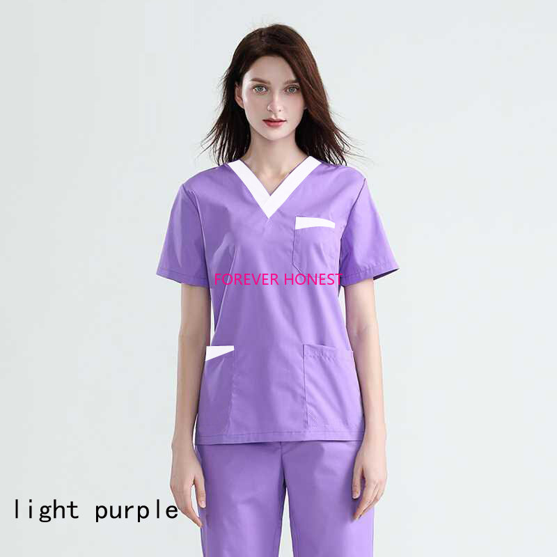 المكونات حجم الملابس الطبية النساء ملابس الجراحين حجب اللون الخامس الرقبة فرك أعلى قصيرة الأكمام زي الطبيب فرك السراويل ممرضة موحدة