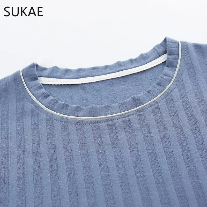 SUKAE-طقم بيجامات من القطن الصناعي المحبوك للرجال ، ملابس مريحة للاستلقاء ، ملابس نوم غير رسمية ، سروال قصير برقبة دائرية ، صيف ، جديد