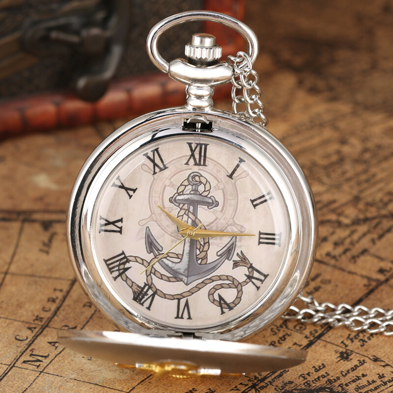 ساعة جيب كوارتز عتيقة للرجال ، تصميم كلاسيكي ، تذكار مرساة ، هدية مع سلسلة قلادة 80 ، أفضل ساعة هدية ، فضة