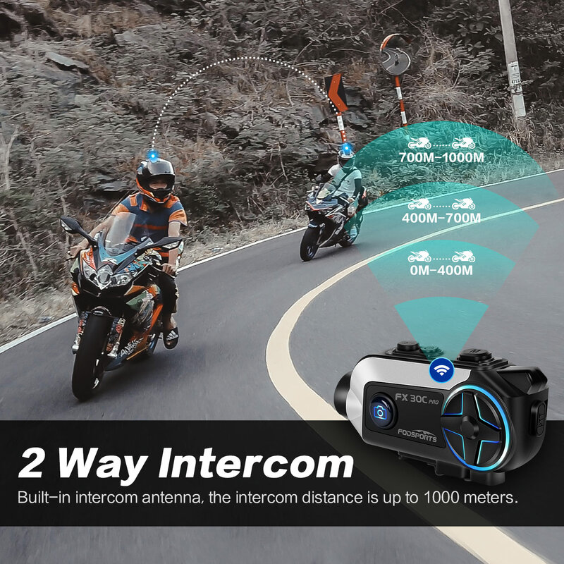 جهاز اتصال داخلي من Fodsports طراز FX30C Pro Bluetooth5.0 مزود بكاميرا مسجل فيديو للدراجة النارية مسجل موسيقى لراكبين وراديو إف إم 1000 متر