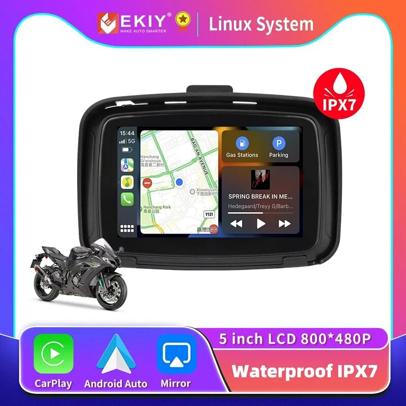 EKIY-شاشة ملاحة GPS محمولة للدراجات النارية ، مشغل سيارة تفاح لاسلكي ، شاشة مقاومة للماء ، أندرويد تلقائي ، IPX7 ، 5 بوصة