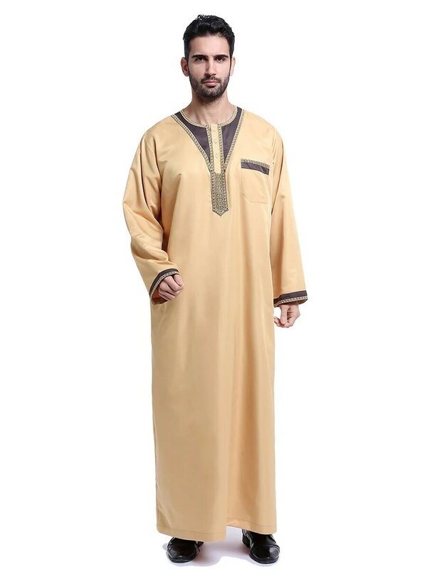 ثوب رجالي بأكمام طويلة ، ملابس إسلامية ، ثوب الشرق الأوسط ، قفطان عربي ، لون واحد ، رقبة مستديرة ، عباية ، زي رجالي