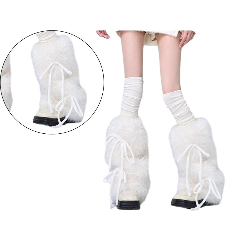 النساء JK القوطية غامض واقي أحذية بلاستيك الشريط Bowknot فروي تدفئة الساق الجوارب الشتوية F0T5