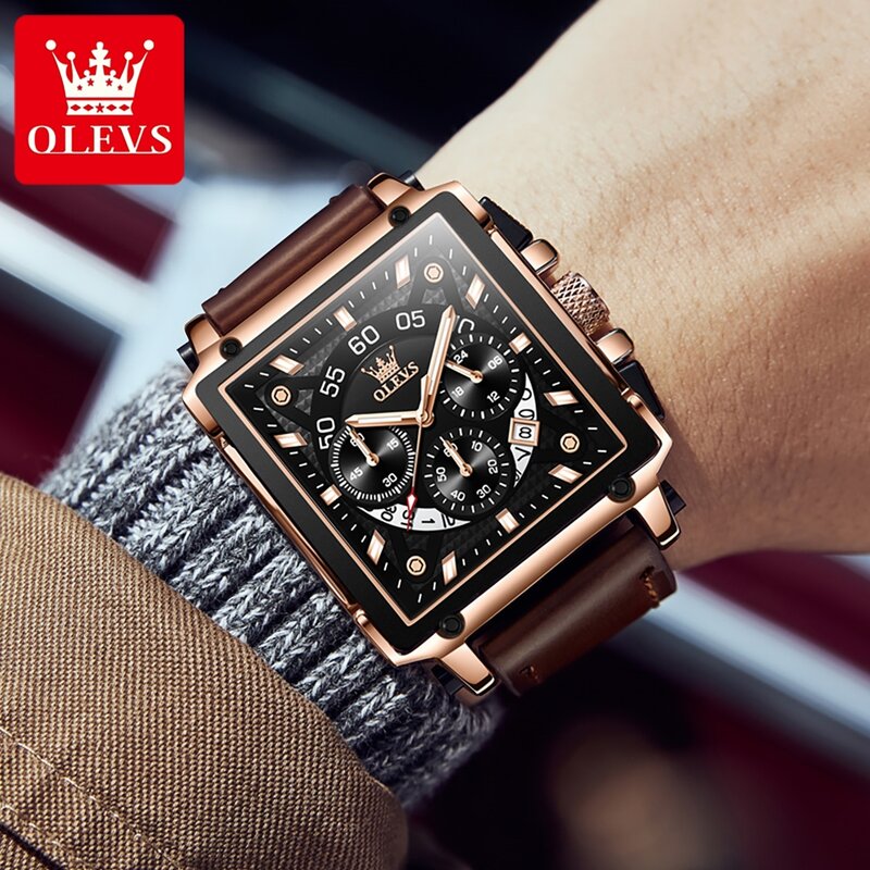 ساعة كوارتز كرونوغراف فاخرة للرجال من OLEVS ، جلد ، ساعة مضيئة ، رياضة ، علامة تجارية مشهورة ، أزياء