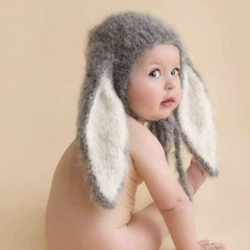 ملحقات تصوير استوديو محبوكة لحديثي الولادة ، عمر البدر 1 سنة ، قبعة أرنب بأذنين كبيرةً ، إكسسوارات تصوير فوتوغرافي ، هدايا ملابس