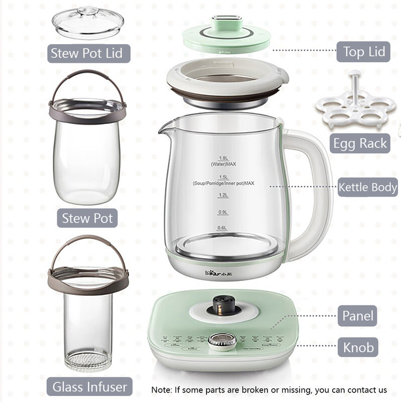 Bear YSH-C18S2 Health Pot, Electric Kettle Tea Maker with Infuser, Glass Kettle & Stew Pot, 16 Menus 1.8L 120V, Green