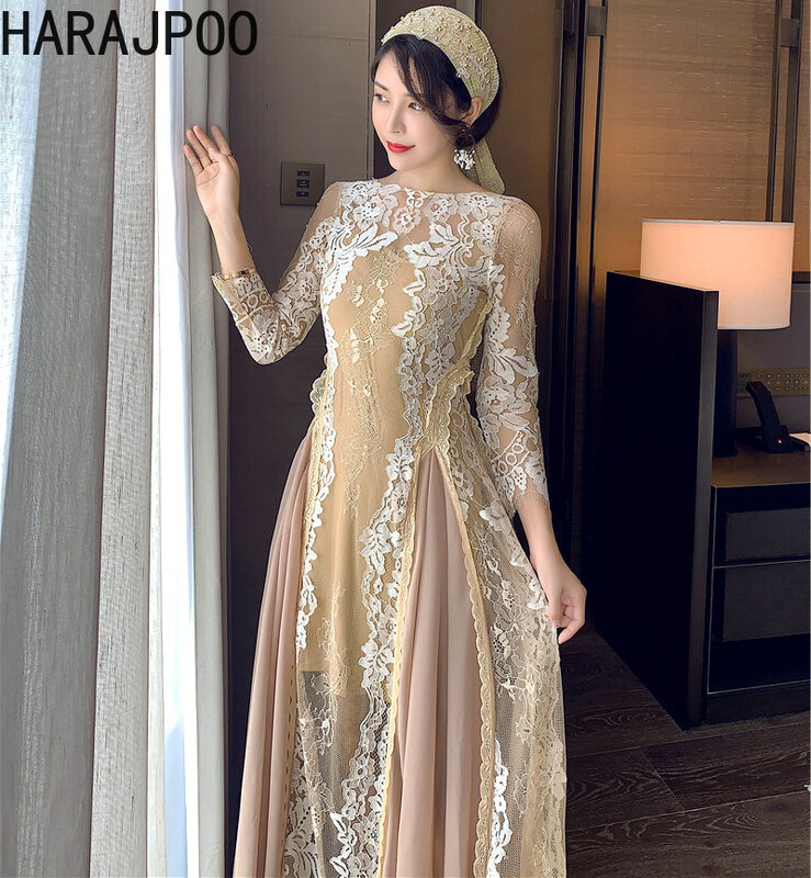 Harajpoo-فستان نسائي بظهر مفتوح من الدانتيل ، فستان الأعياد ، عصابة رأس فرنسية ، عبر الحدود ، موضة الربيع ،