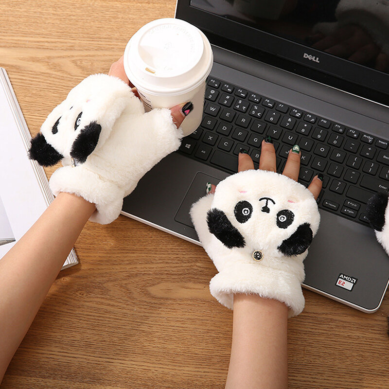 الكرتون الباندا أفخم قفازات للطلاب ، قفازات رفرف الدافئة ، مفتوحة الأصابع ، الكتابة ، الشتاء