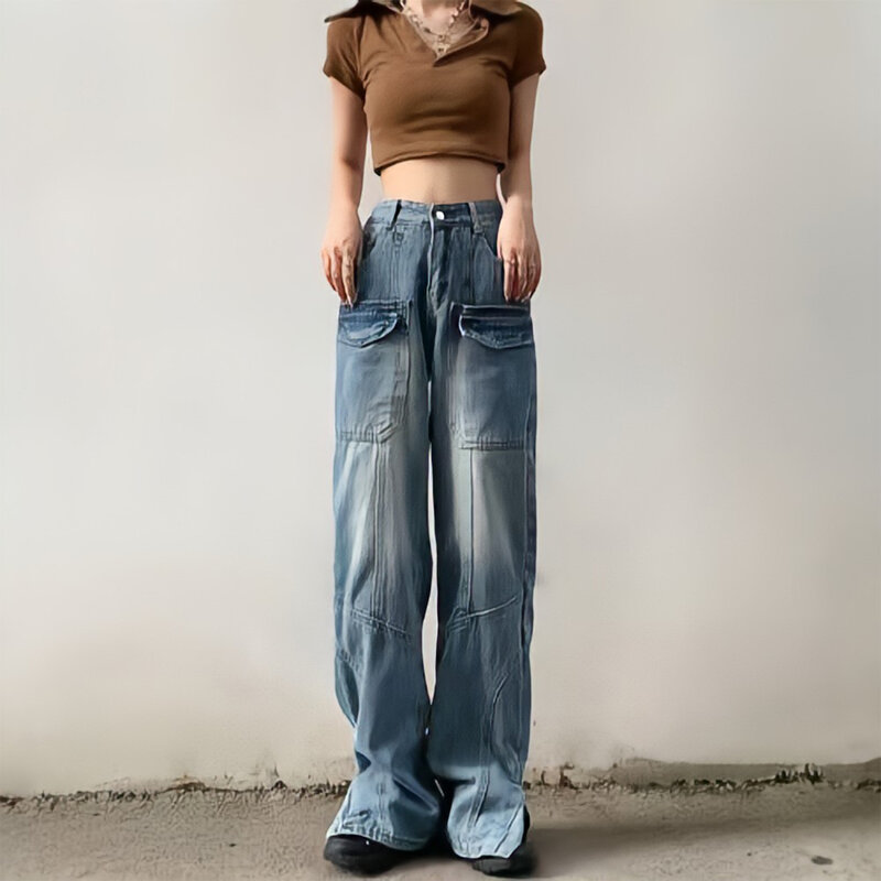 موضة بنطال ذو قصة أرجل واسعة كبيرة الحجم الجينز النساء الشارع الشهير Y2k البضائع السراويل الصيف النمط الأمريكي عالية الخصر سراويل جينز خمر