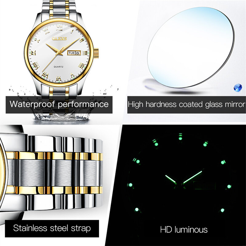 ساعة كوارتز مقاومة للماء من OLEVS للرجال ، حزام من الفولاذ المقاوم للصدأ ، أسبوع ، تقويم ، عمل ، علامة تجارية للأزياء