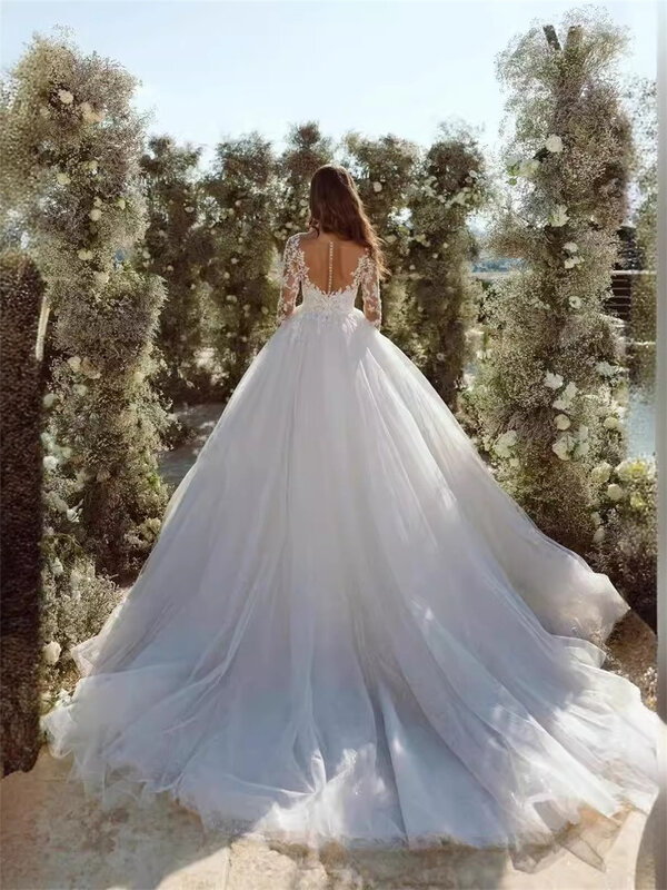فستان زفاف أنيق بأكمام طويلة ، ثوب زفاف من التل الكلاسيكي ، مزخرف دانتيل رومانسي ، فستان زفاف