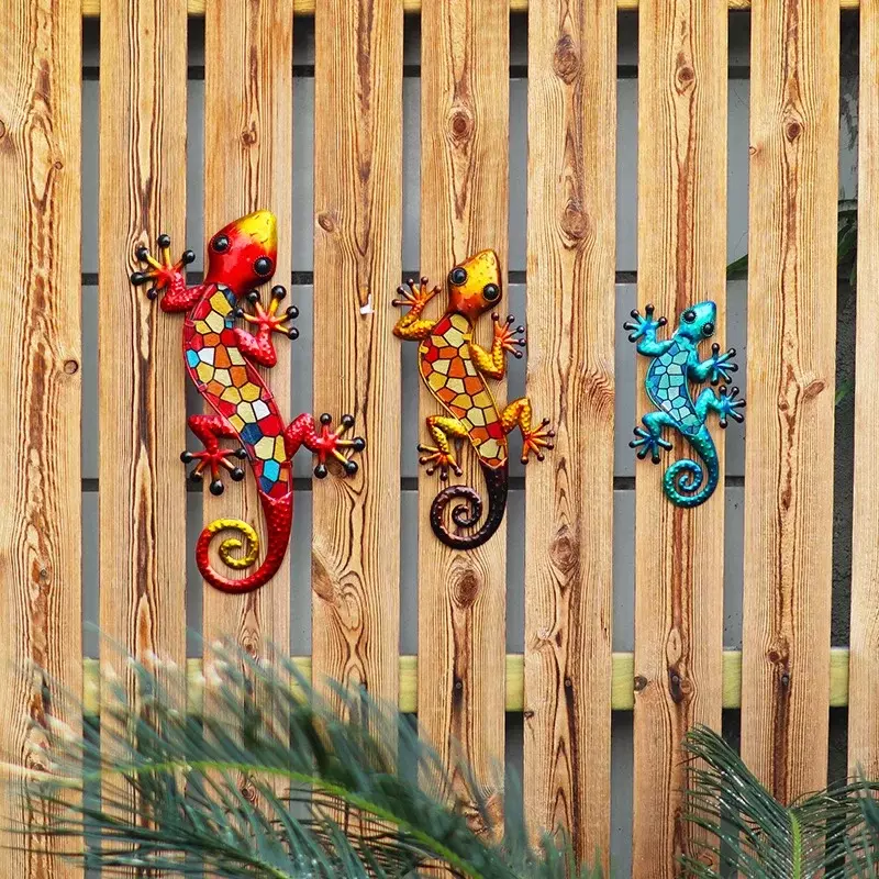 مجموعة تعليق على الحائط من جيكو لتزيين فناء الحديقة ، مشغولات يدوية زجاجية ملونة للمطبخ وغرفة المعيشة ، ديكور جداري من جيكو الحديد
