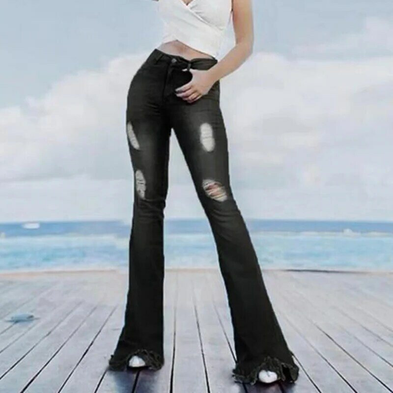 بنطلون جينز ضيق عالي الخصر للنساء ، بنطلون ضيق مناسب مع حافة شرابة ، ملابس نسائية ممزقة ، ربيع وخريف 2021