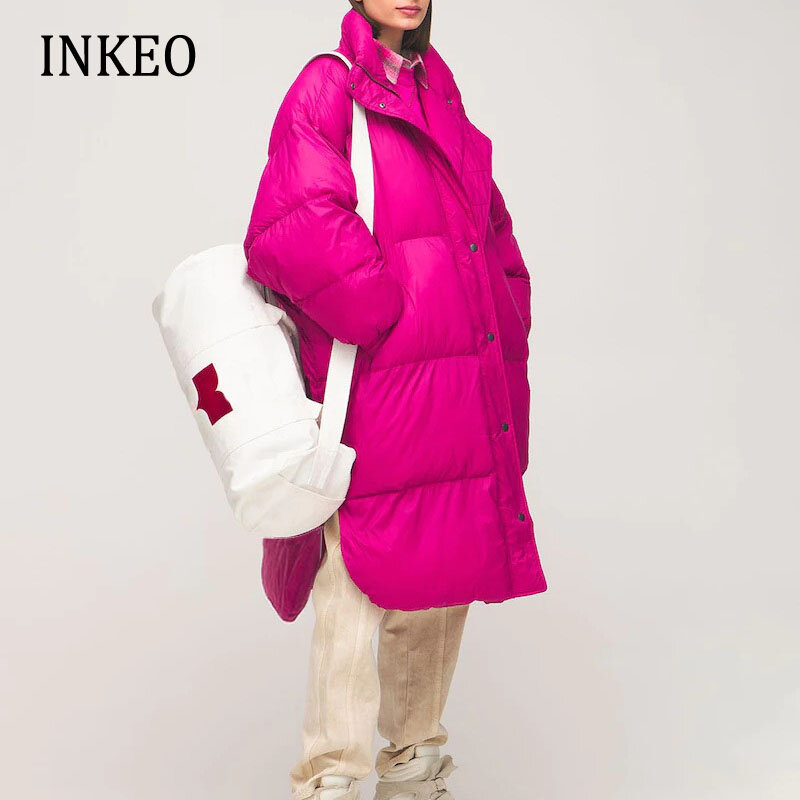 INKEO-سترة طويلة بيضاء بطة للسيدات ، أحادية اللون ، سميكة ، دافئة ، معطف فضفاض مع حزام ، ملابس خارجية للإناث ، شارع العليا ، 1O349 ، الشتاء