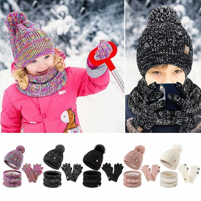 القبعات متماسكة مع بوم قفازات قفاز وشاح مجموعة للفتيات ، قبعة دافئة عادية ، قفازات للطقس البارد ، والأطفال ، والشتاء