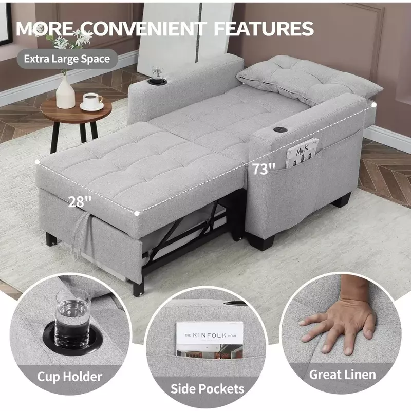 سرير أريكة مع منفذ USB قابل للتحويل ، سرير كرسي بذراعين قابل للسحب ، كتان رمادي فاتح ، غرفة معيشة ، 3 في 1