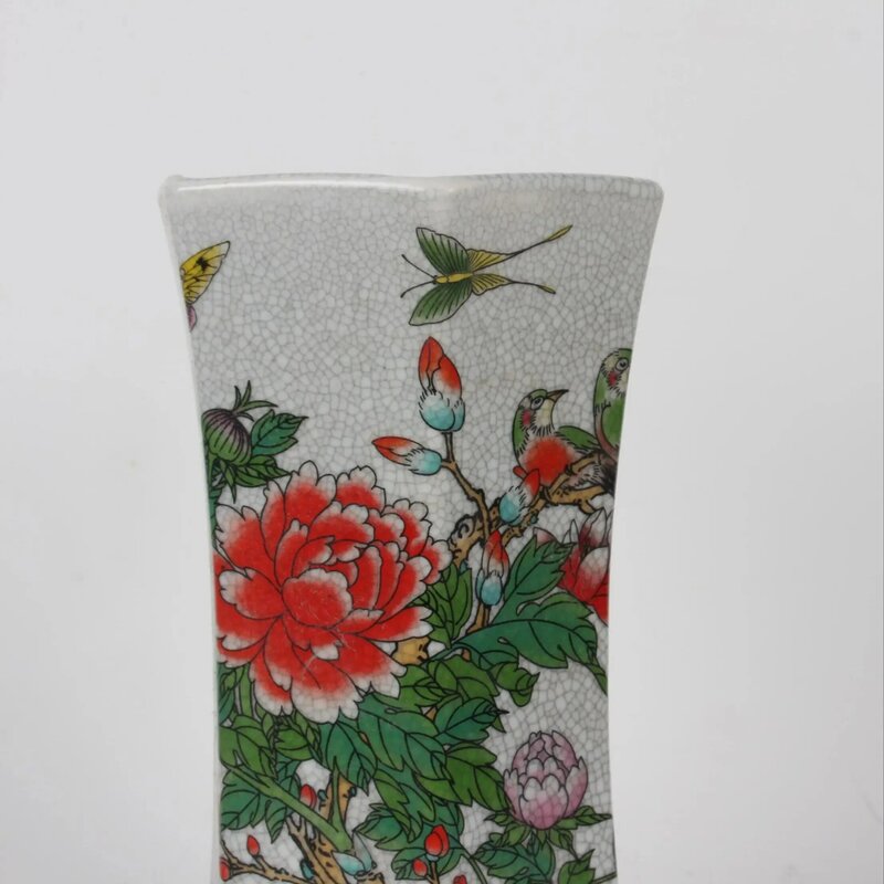 إناء سيراميك صيني مطوي ، نمط زهور وطيور مطلي ، ديكور منزلي ، شعار W Qianlong ، مجموعة