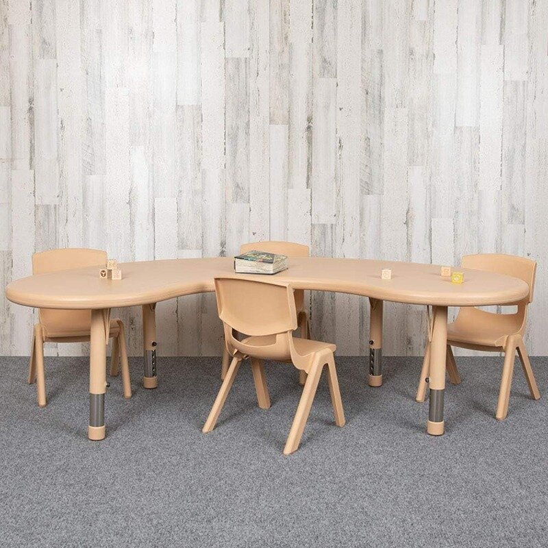 مجموعة طاولة نشاط نصف قمر بارتفاع بلاستيكي قابل للتعديل ، مجموعة مكتب وكرسي للأطفال ، 4 كراسي ، 35 بوصة × 65 بوصة لتر ، طبيعي